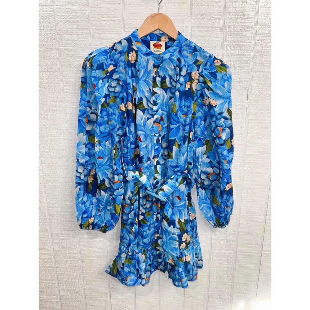 Farm Rio Mini Dress Women Blue Floral Belted Puff Sleeve XXS